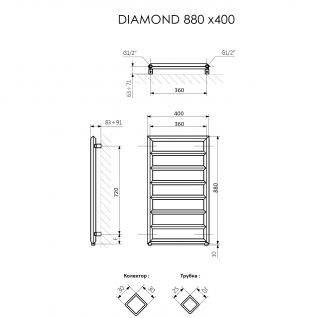 Полотенцесушитель электрический Terma Diamond 880x400 белый глянец, RAL 9016